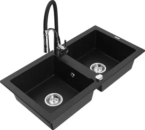 Kuchynské drezy MEXEN/S MEXEN/S - Mario granitový drez 2-bowl vrátane batérie Aster, čierna 6504-77-73450-07