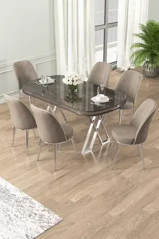 Jedálenské sety Dining Table & Chairs Set (7 Pieces) Lai - Anthracite, Chrome, Cappuccino