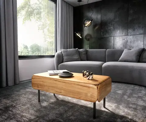 Konferenčné stolíky DELIFE Konferenčný stolík Shavani 100x50 cm akácia prírodná 1 zásuvka kov čierna