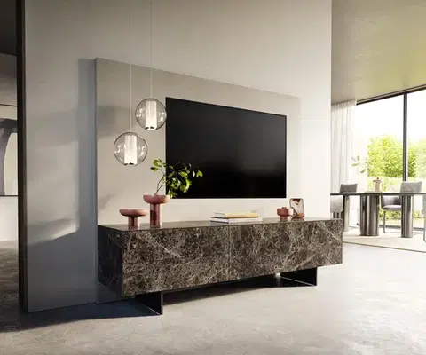 Televízne stolíky DELIFE TV stolík Cuor 180 cm keramika emperador extra leštená tmavohnedá 1 výklopné dvierka 2 zásuvky podstava závesná kov čierna