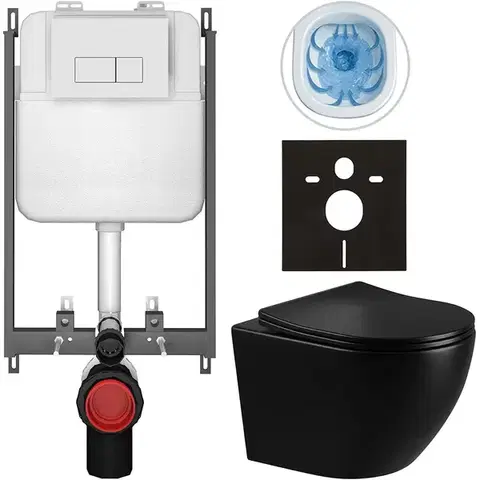 Záchody CERANO - Kompletný WC set Basic/Cesso - čierna lesklá - WC tlačidlo Modulo/Biela - na zamurovanie - 49x36 CER-8050BD86316