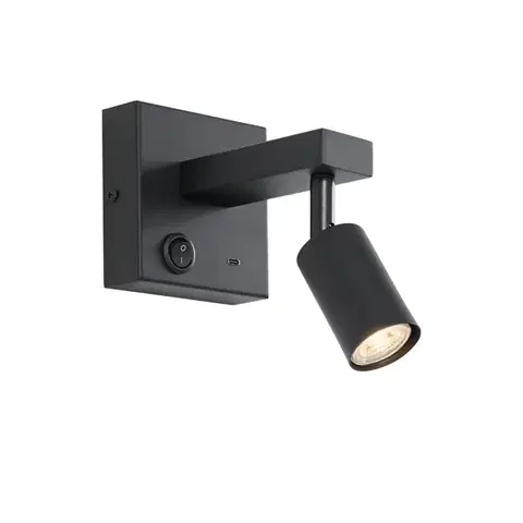 Lampy Moderné čierne nástenné svietidlo s USB-C, naklápacie - Rex