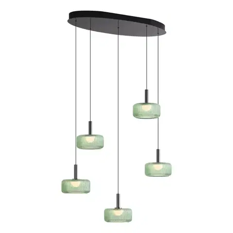 Závesné svietidlá Fiera Designer Pendant Lamp: Gunmetal Finish with Green Glass, Integrated LED, 3-Step Dimmable, 5-Light Easylift