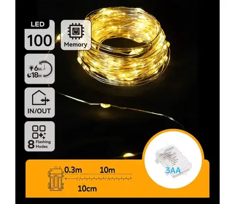 LED osvetlenie  B.V.  - LED vonkajší reťaz 100×LED, 8 funkcií, 3×AA, 10,3 m, IP44, teplá biela B10303K1A