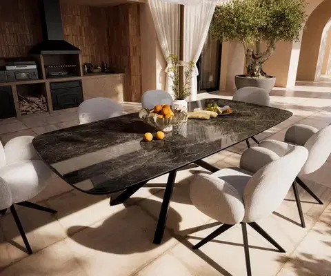Záhradné stoly DELIFE Záhradný jedálenský stôl Edge zaoblený 240x120 cm keramika Laminam® Emperador Extra Lucidato tmavohnedá krížová podstava obdĺžnik čierna