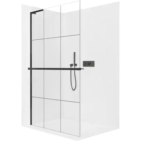Sprchové dvere CERANO - Sprchová zástena Walk-in Onyx L-ľavá vzpera - 8 mm + polička/držiak na uteráky - čierna matná, industriálne sklo - 90x200 CER-8050BD1352