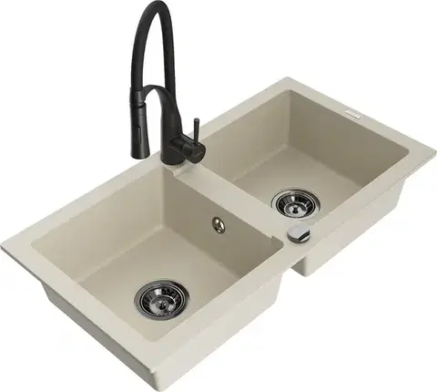 Kuchynské drezy MEXEN/S MEXEN/S - Mario granitový drez 2-bowl vrátane batérie Aster, bážová 6504-69-73450-70-B