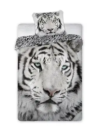 Obliečky Obliečky bavlnené Deluxe 3D 200x140cm+90x70cm Tiger biely Faro Tiahome
