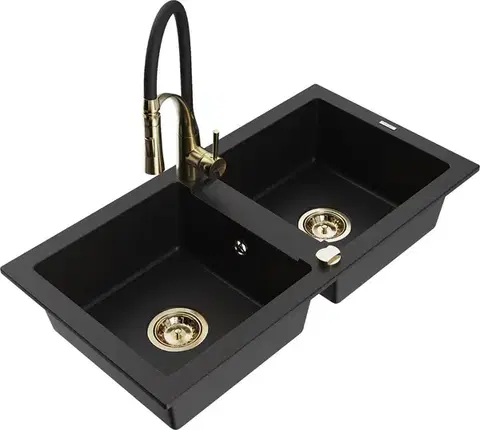 Kuchynské drezy MEXEN/S MEXEN/S - Mario granitový drez 2-bowl vrátane batérie Aster, čierna 6504-77-73450-57-G