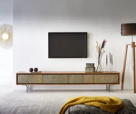 Televízne stolíky DELIFE TV stolík Juwelo 220 cm akácia prírodná s kamennou dyhou 4 dvierka