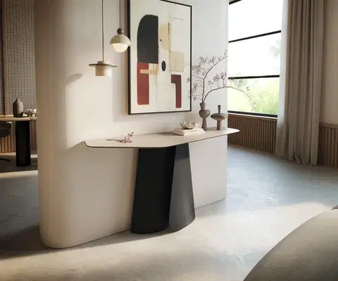 Konzolové stolíky DELIFE Konzolový stolík Edge polygonálny 140×50 cm keramika Laminam® Travertino Bianco krémovo biela Livos kov čierna