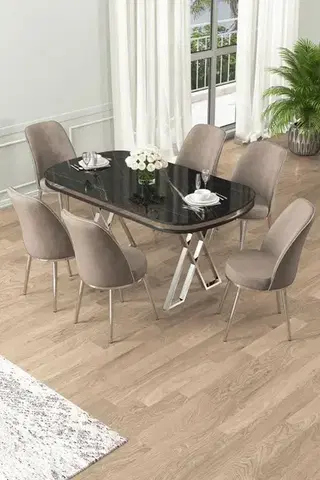Jedálenské sety Dining Table & Chairs Set (7 Pieces) Lai - Black Marble, Chrome, Cappuccino
