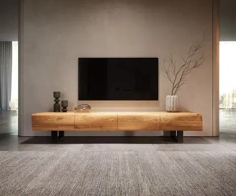 Televízne stolíky DELIFE TV stolík New Live-Edge 200 cm dub prírodný 4 dvierka kovová tenká podstava čierna