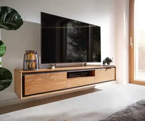 Televízne stolíky DELIFE TV stolík Stonegrace 175 cm akácia prírodná 2 dvierka 1 priehradka 1 zásuvka kamenná dyha závesný