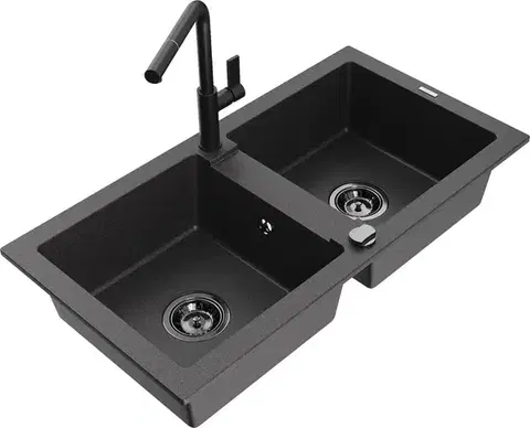 Kuchynské drezy MEXEN/S MEXEN/S - Mario granitový drez 2-bowl vrátane batérie Flora, čierna kropenatá 6504-76-670401-70-B