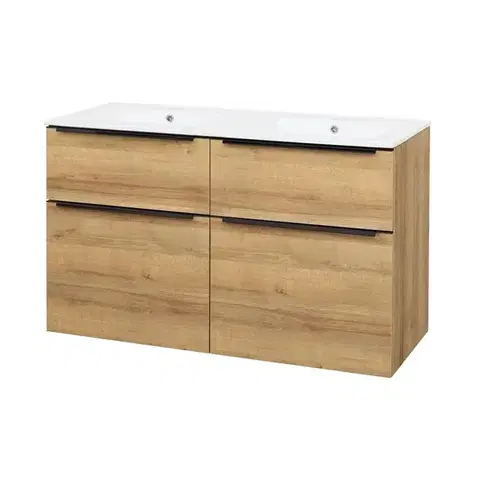 Kúpeľňový nábytok Mereo Mailo, kúpeľňová skrinka s keramickým umývadlom 121 cm, dub Riviera, čierne madlo CN523B