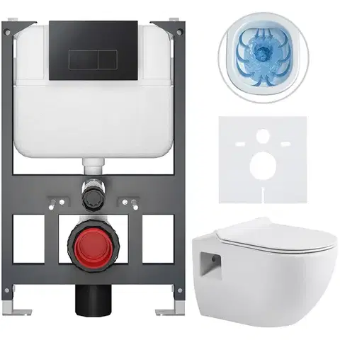 Záchody CERANO - Kompletný WC set Basic/Dure - biela lesklá - WC tlačidlo Modulo/Čierna - závesné - nízky modul - predstenová inštalácia - 51x35 CER-8050BD85921