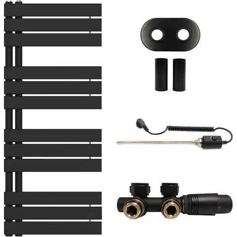 Doplnky do kúpeľne CERANO - Koupelnový radiátorový set Theo - kombinované vytápění, termo tyč - asymetrické připojení 50 mm - 300W - černá matná - 1200x500 mm CER-956562