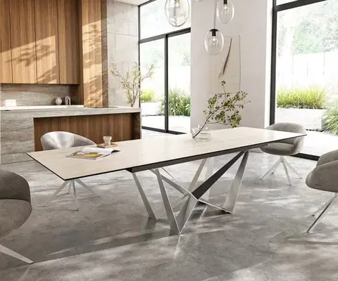 Jedálenské stoly DELIFE Jedálenský stôl Edge 200-300x100 keramika Laminam® Travertino Bianco krémovo biela Spider plochá oceľ nerezová oceľ rozkladací