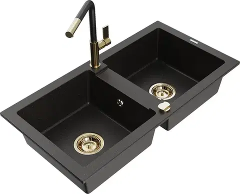 Kuchynské drezy MEXEN/S MEXEN/S - Mario granitový drez 2-bowl vrátane batérie Flora, čierna/zlatá metalik 6504-75-670401-57-G