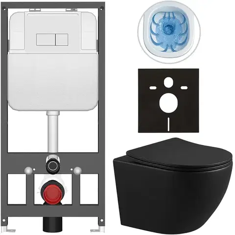 Záchody CERANO - Kompletný WC set Basic/Cesso - čierna matná - WC tlačidlo Modulo/Biela - závesné - predstenová inštalácia - 49x36 CER-8050BD86363