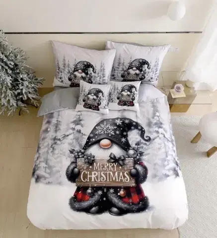Obliečky 3 dielne Vianočné Flanelové obliečky 3D polycotton Sivý Trpaslík 200x140cm+90x70cm TiaHome