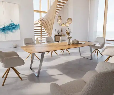 Jedálenské stoly DELIFE Jedálenský stôl Edge zaoblený tvar 300x120x2,5-3 dub prírodný nerezová oceľ skosený švajčiarska hrana