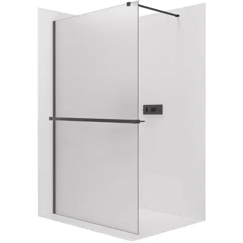 Držadlá k vani CERANO - Sprchová zástěna Walk-in Onyx Cube L/P - 8 mm - hranatá vzpěra + polička/držák na ručníky - černá matná, mléčné sklo - 30x200  CER-8050BD80034