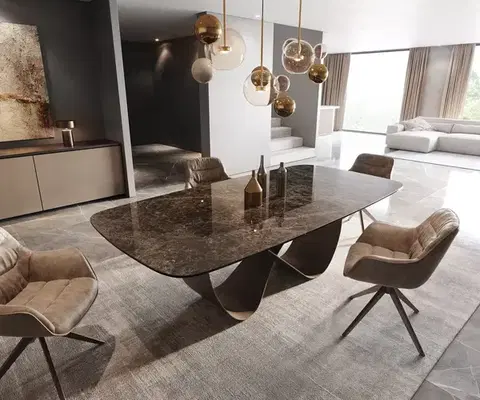 Jedálenské stoly DELIFE Jedálenský stôl Edge Boot 240x120 keramika Laminam® Emperador Extra Lucidato tmavohnedá Infinity kov efektový povrch titánová