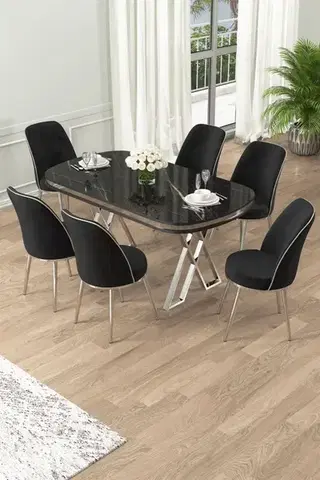 Jedálenské sety Dining Table & Chairs Set (7 Pieces) Lai - Black Marble, Chrome, Black