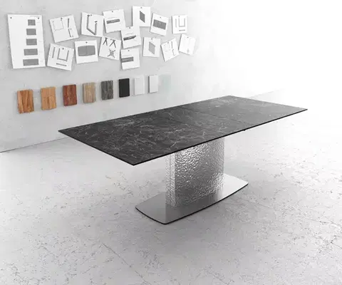 Jedálenské stoly DELIFE Jedálenský stôl Edge 180-220x90 keramika Laminam®Nero Greco antracitová vlna nerezová oceľ rozkladací