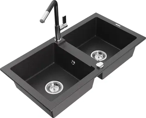 Kuchynské drezy MEXEN/S MEXEN/S - Mario granitový drez 2-bowl vrátane batérie Flora, čierna kropenatá 6504-76-670401-07