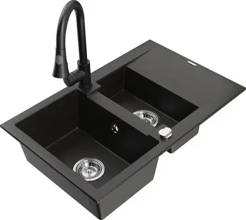 Kuchynské drezy MEXEN/S MEXEN/S - Gaspar granitový drez 1.5 s odkvapkávačom vrátane batérie Elia, čierna/zlatá metalik 6507-75-670101-70