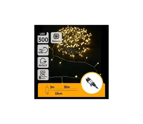 LED osvetlenie  B.V.  – LED vonkajší vianočný svetelný reťazec, 300 LED, 8 režimov, 30 m, IP44, teplá biela B10303ABNQ