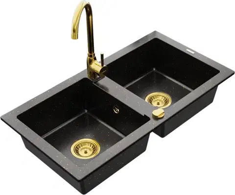 Kuchynské drezy MEXEN/S MEXEN/S - Mario granitový drez 2-bowl vrátane batérie Telma, čierna/zlatý 6504-75-670200-50