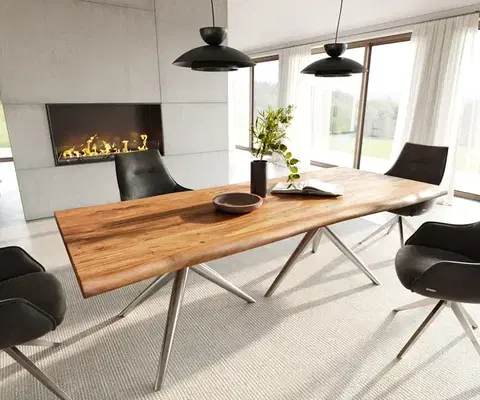 Jedálenské stoly DELIFE Jedálenský stôl Edge 240x100 akácia prírodná Estelar okrúhly nerezová oceľ Live-Edge