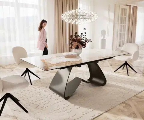 Jedálenské stoly DELIFE Jedálenský stôl Edge 180-220x100 keramika Minas melange bielo-béžová podstava v tvare W titanová farba rozkladací