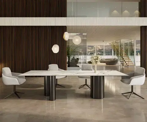 Jedálenské stoly DELIFE Jedálenský stôl Edge 300x100 keramika Calacatta Luxe bielo-zlato-šedá Troa nerezová oceľ grafitová
