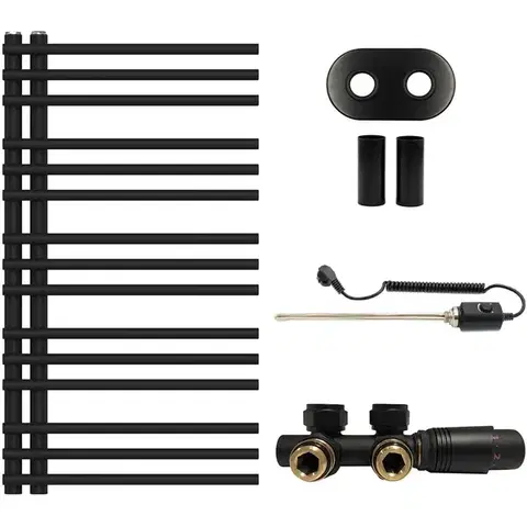 Doplnky do kúpeľne CERANO - Koupelnový radiátorový set Burke - kombinované vytápění, termo tyč - asymetrické připojení 50 mm - 300W - černá matná - 900x500 mm CER-396675