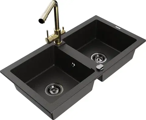 Kuchynské drezy MEXEN/S MEXEN/S - Mario granitový drez 2-bowl vrátane batérie Duero, čierna/zlatá metalik 6504-75-671600-50-B