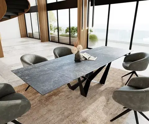 Jedálenské stoly DELIFE Jedálenský stôl Edge 200-300x100 keramika Laminam®Nero Greco antracitová pavúk plochá oceľ čierna rozkladací
