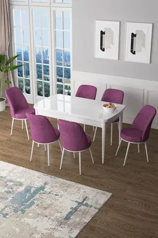 Jedálenské sety Extendable Dining Table & Chairs Set (7 Pieces) Zen - White, Purple