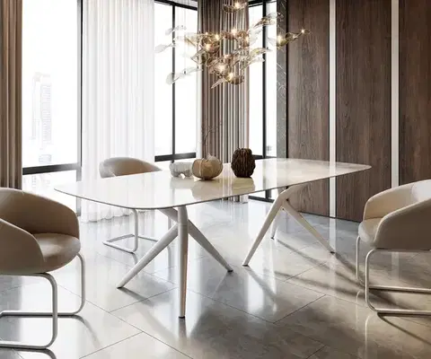 Jedálenské stoly DELIFE Jedálenský stôl Edge zaoblený tvar 270x120 keramika Iris FMG Onice Grigio Estelar okrúhly kov biela