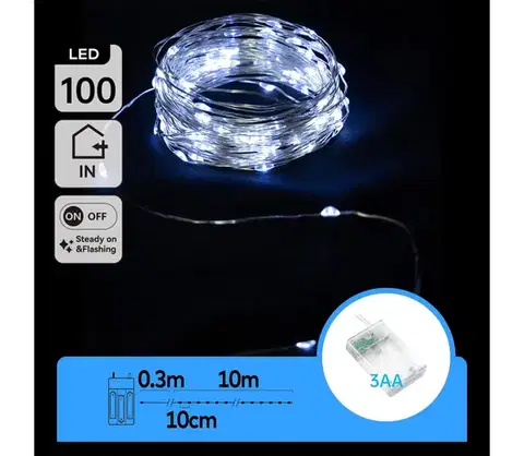 Vianočné dekorácie  B.V.  - LED reťaz 100xLED/3xAA 10,3m studená biela B10303KP2