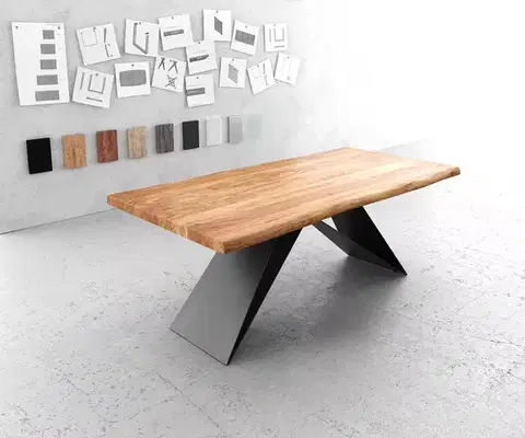 Jedálenské stoly DELIFE Jedálenský stôl Edge 200x100 XL akácia prírodná podstava v tvare V plochá oceľ čierna Live-Edge