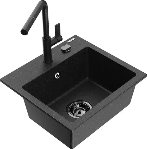 Kuchynské drezy MEXEN/S MEXEN/S - Milo granitový drez 1-miska vrátane batérie Flora, čierna/strieborná metalík 6505-73-670401-70-B