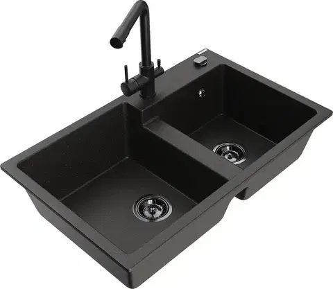 Kuchynské drezy MEXEN/S MEXEN/S - Tomas granitový drez 2-bowl vrátane batérie Duero, čierna/zlatá metalik 6516-75-671600-70-B