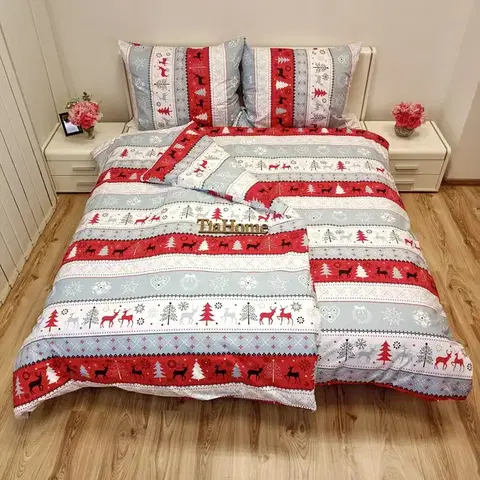 Obliečky Obliečky bavlnené Vianočné Snowman červené TiaHome - 1x Vankúš 90x70cm, 1x Paplón 140x200cm