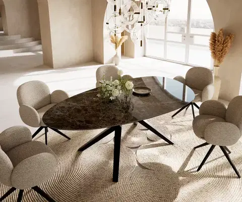 Jedálenské stoly DELIFE Jedálenský stôl Edge oválny 220x120 keramika Laminam® Emperador Extra Lucidato tmavohnedá Zenthara hranatý kov čierna
