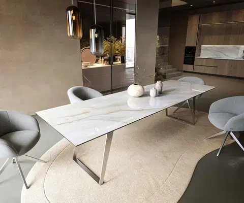 Jedálenské stoly DELIFE Jedálenský stôl Edge 300×100 cm keramika onyx perla nerezová oceľ skosený